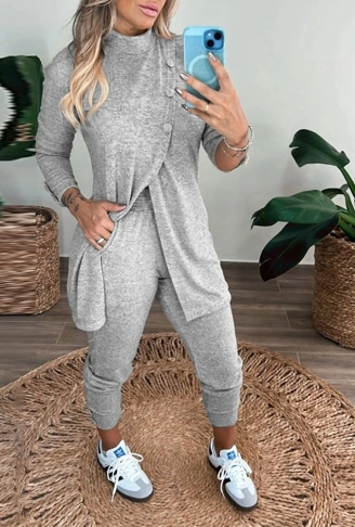 Kadın Uzun Kollu Balıkçı Yaka önden Düğmeli Bluz Ve Pantolon Yumoş Ikili Takım