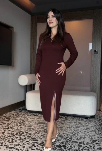 Kadın Uzun Kollu Balıkçı Yaka önden Fermuarlı Yırtmaçlı Midi Viskon Iki Iplik Elbise