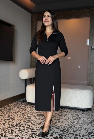 Kadın Uzun Kollu Balıkçı Yaka önden Fermuarlı Yırtmaçlı Midi Viskon Iki Iplik Elbise