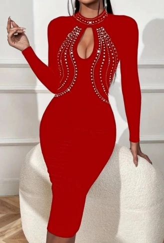 Kadın Uzun Kollu Balıkçı Yaka Taşlı Damla Detay Midi Ithal Krep Elbise