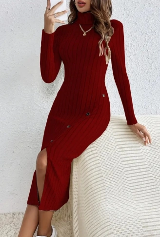 Kadın Uzun Kollu Balıkçı Yaka Yırtmaçlı Düğmeli şardonlu Kaşkorse Elbise