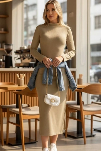 Kadın Uzun Kollu Balıkçı Yakalı Yanlardan Yırtmaçlı Kaşkorse Maxi Elbise