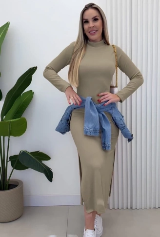 Kadın Uzun Kollu Balıkçı Yakalı Yanlardan Yırtmaçlı Kaşkorse Maxi Elbise