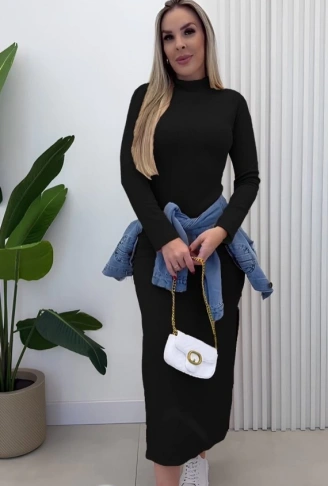 Kadın Uzun Kollu Balıkçı Yakalı Yanlardan Yırtmaçlı Kaşkorse Maxi Elbise