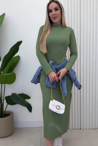 Kadın Uzun Kollu Balıkçı Yakalı Yanlardan Yırtmaçlı Kaşkorse Maxi Elbise