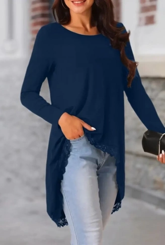 Kadın Uzun Kollu Bisiklet Yaka Asimetrik Kesim Detaylı Dantelli Viskon Bluz