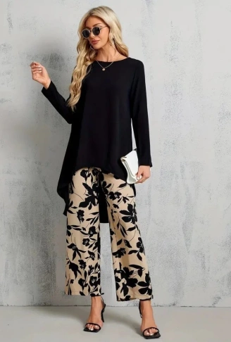 Kadın Uzun Kollu Bisiklet Yaka Asimetrik Kesim Detaylı Viskon Bluz Ve çiçek Desenli Iki Iplik Pantolon