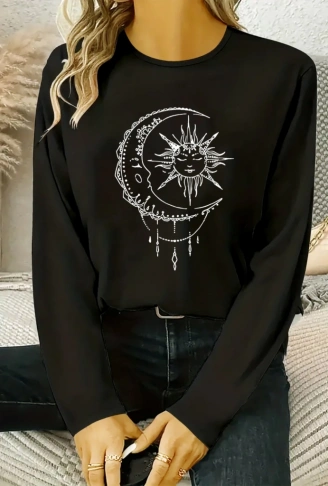 Kadın Uzun Kollu Bisiklet Yaka Ay Baskılı Viskon Bluz