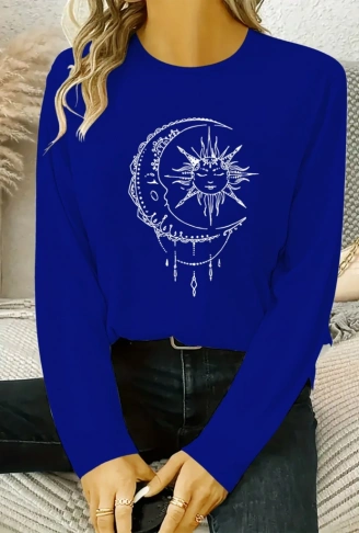 Kadın Uzun Kollu Bisiklet Yaka Ay Baskılı Viskon Bluz