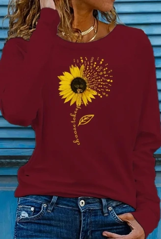 Kadın Uzun Kollu Bisiklet Yaka Ayçiçeği Desenli Viskon Bluz