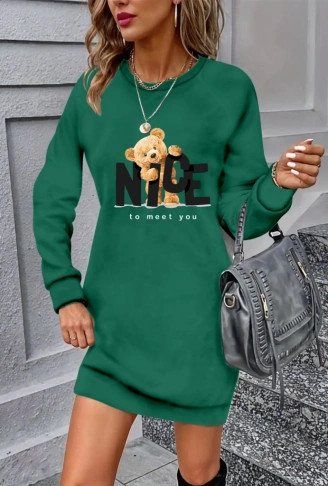 Kadın Uzun Kollu Bisiklet Yaka Ayı Desenli Viskon Iki Iplik Elbise