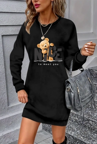 Kadın Uzun Kollu Bisiklet Yaka Ayı Desenli Viskon Iki Iplik Elbise