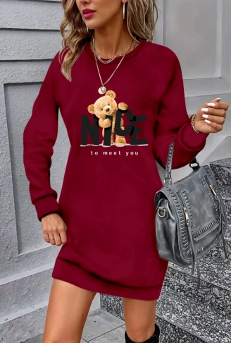 Kadın Uzun Kollu Bisiklet Yaka Ayı Desenli Viskon Iki Iplik Elbise