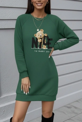 Kadın Uzun Kollu Bisiklet Yaka Ayı Desenli Viskon Iki Iplik Elbise