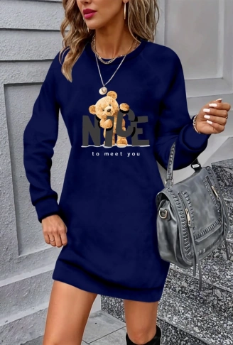 Kadın Uzun Kollu Bisiklet Yaka Ayı Desenli Viskon Iki Iplik Elbise