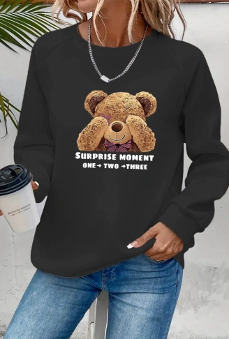 Kadın Uzun Kollu Bisiklet Yaka Ayıcık Desenli Viskon Iki Iplik Bluz