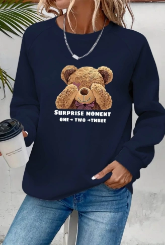 Kadın Uzun Kollu Bisiklet Yaka Ayıcık Desenli Viskon Iki Iplik Bluz