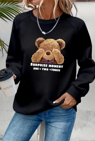 Kadın Uzun Kollu Bisiklet Yaka Ayıcık Desenli Viskon Iki Iplik Bluz