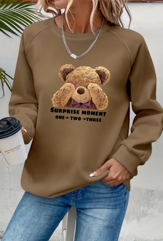 Kadın Uzun Kollu Bisiklet Yaka Ayıcık Desenli Viskon Iki Iplik Bluz