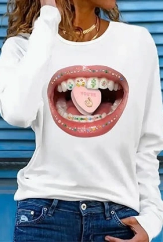 Kadın Uzun Kollu Bisiklet Yaka Baskılı Viskon Bluz