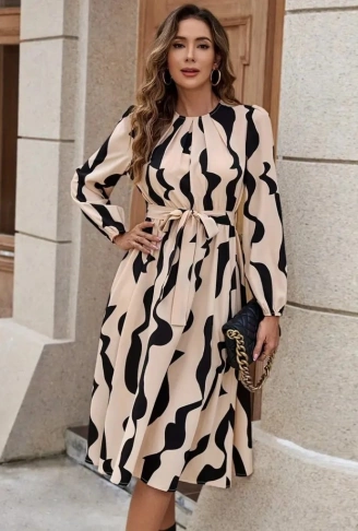 Kadın Uzun Kollu Bisiklet Yaka Belden Bağlamalı Desenli Belden Kuşaklı Mikro Süprem Midi Elbise