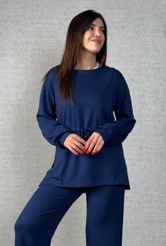 Kadın Uzun Kollu Bisiklet Yaka Belden Büzgülü Bağcıklı Viskon Iki Iplik Bluz Ve Pantolon Ikili Takım