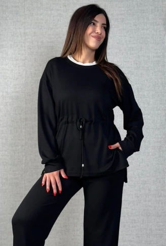 Kadın Uzun Kollu Bisiklet Yaka Belden Büzgülü Bağcıklı Viskon Iki Iplik Bluz Ve Pantolon Ikili Takım