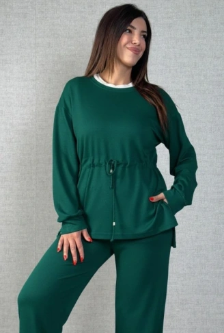 Kadın Uzun Kollu Bisiklet Yaka Belden Büzgülü Bağcıklı Viskon Iki Iplik Bluz Ve Pantolon Ikili Takım