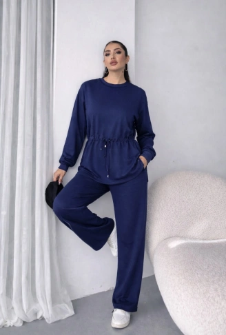 Kadın Uzun Kollu Bisiklet Yaka Belden Büzgülü Bağcıklı Viskon Iki Iplik Bluz Ve Pantolon Ikili Takım