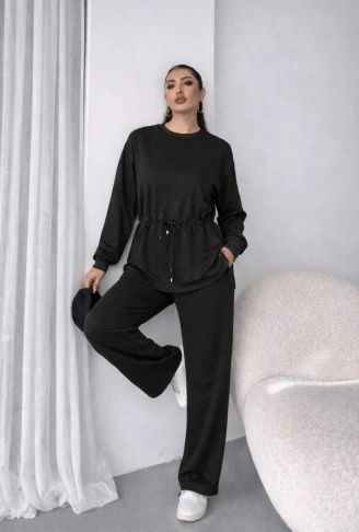 Kadın Uzun Kollu Bisiklet Yaka Belden Büzgülü Bağcıklı Viskon Iki Iplik Bluz Ve Pantolon Ikili Takım