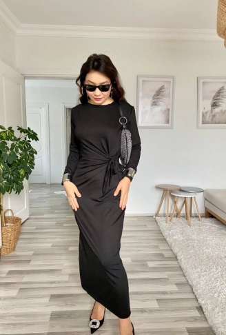 Kadın Uzun Kollu Bisiklet Yaka Belden çapraz Bağlamalı Yandan Yırtmaçlı Uzun Viskon Iki Iplik Elbise