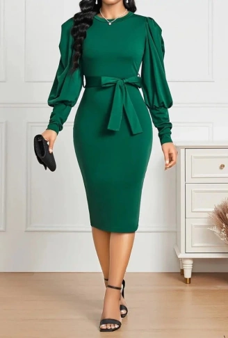 Kadın Uzun Kollu Bisiklet Yaka Beli Kuşaklı Ithal Krep Midi Elbise