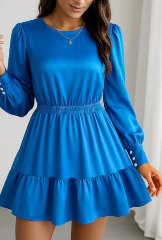 Kadın Uzun Kollu Bisiklet Yaka Beli Lastikli Fırfırlı Ithal Krep Elbise