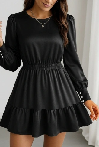 Kadın Uzun Kollu Bisiklet Yaka Beli Lastikli Fırfırlı Ithal Krep Elbise