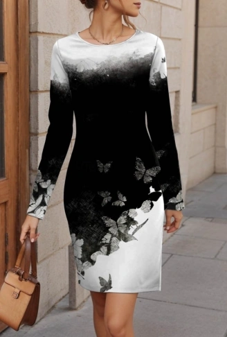 Kadın Uzun Kollu Bisiklet Yaka çiçek Desenli Kısa şardonlu Dalgıç Elbise