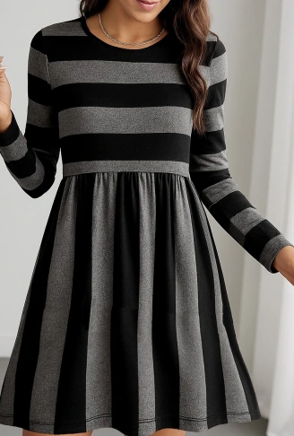 Kadın Uzun Kollu Bisiklet Yaka çizgili Desen Detaylı Süprem Mini Elbise