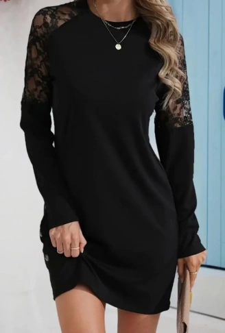 Kadın Uzun Kollu Bisiklet Yaka Dantel Detaylı Visk8n Iki Iplik Düğmeli Mini Elbise