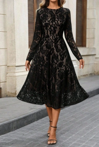 Kadın Uzun Kollu Bisiklet Yaka Dantelli Astarlı Midi Elbise