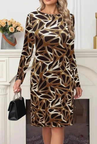 Kadın Uzun Kollu Bisiklet Yaka Desenli Dalgıç Kısa Elbise