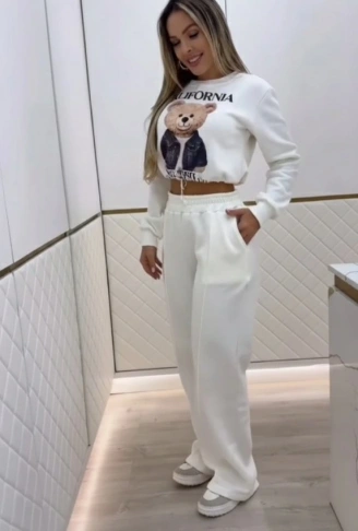 Kadın Uzun Kollu Bisiklet Yaka Desenli Iki Iplik şardonlu Bluz Ve Pantolon Ikili Takım