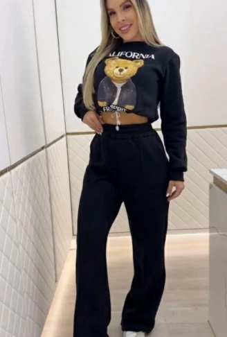 Kadın Uzun Kollu Bisiklet Yaka Desenli Iki Iplik şardonlu Bluz Ve Pantolon Ikili Takım