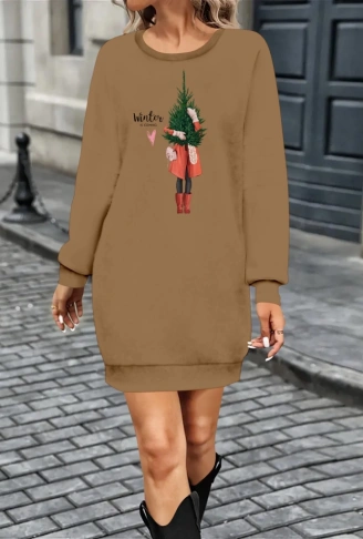 Kadın Uzun Kollu Bisiklet Yaka Desenli Kısa Viskon Iki Iplik Elbise