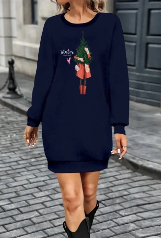 Kadın Uzun Kollu Bisiklet Yaka Desenli Kısa Viskon Iki Iplik Elbise