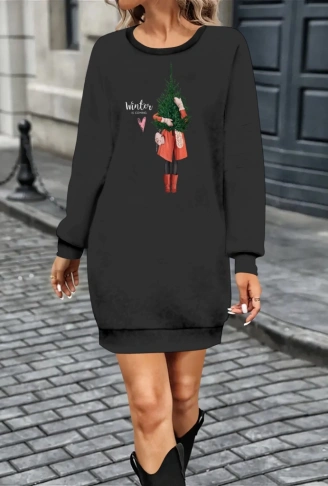 Kadın Uzun Kollu Bisiklet Yaka Desenli Kısa Viskon Iki Iplik Elbise