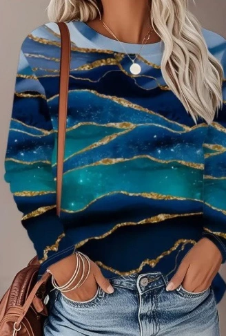 Kadın Uzun Kollu Bisiklet Yaka Desenli Modal Bluz