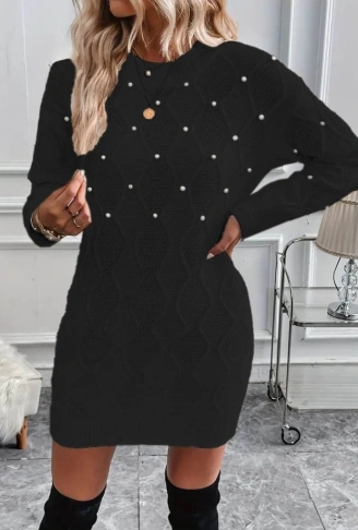 Kadın Uzun Kollu Bisiklet Yaka Desenli Triko Elbise