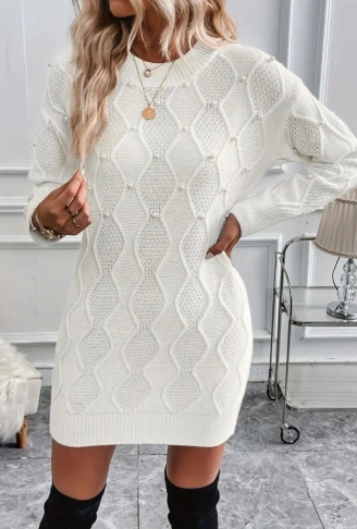 Kadın Uzun Kollu Bisiklet Yaka Desenli Triko Elbise
