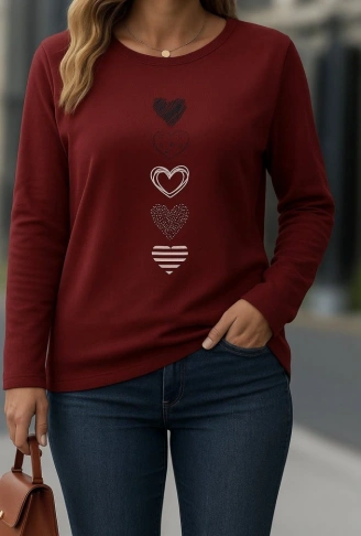 Kadın Uzun Kollu Bisiklet Yaka Desenli Viskon Bluz