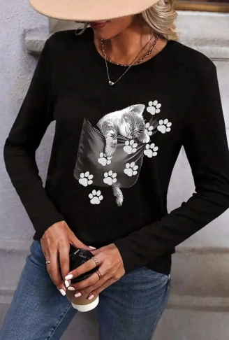 Kadın Uzun Kollu Bisiklet Yaka Desenli Viskon Bluz