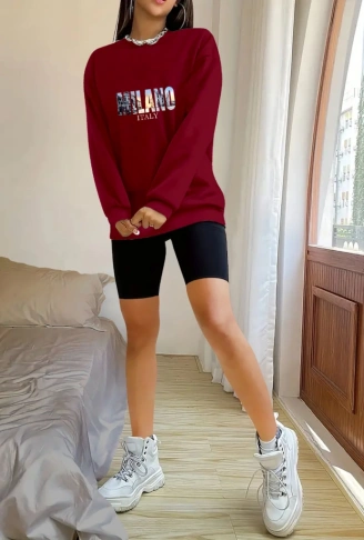 Kadın Uzun Kollu Bisiklet Yaka Desenli Viskon Iki Iplik Bluz